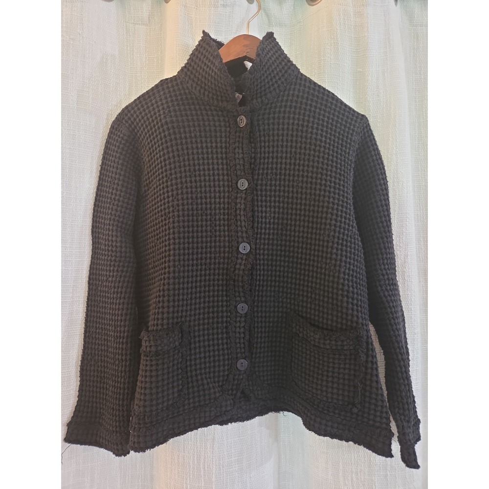 Focus Casual Life Lagenlook Waffleknit Button Front Top Women's Medium Black